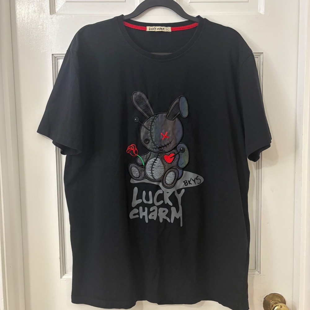 Lucky Charm Embroidered T Shirt Mens XL Black Voodoo Bunny Iridescent Streetwear